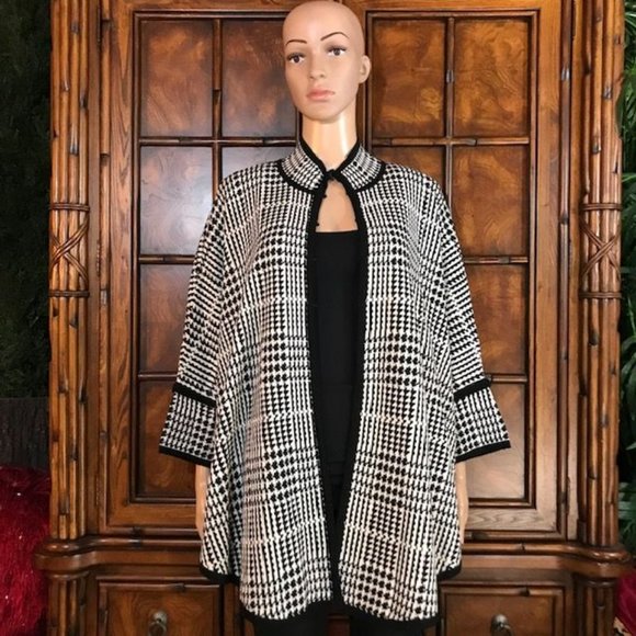 NWOT Kasper Wool Blend Tipped Houndstooth Plaid Mandarin Collar Cape - Picture 1 of 12
